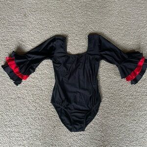 Flamenco Dance Girls Leotard Top Costume Ruffled Sleeves Black Red Size 15 YR